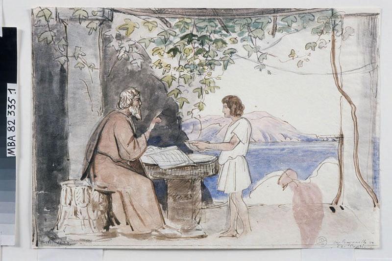 Cap Campanella vu de Capri ; Jeune homme apportant une coupe à un moine_1