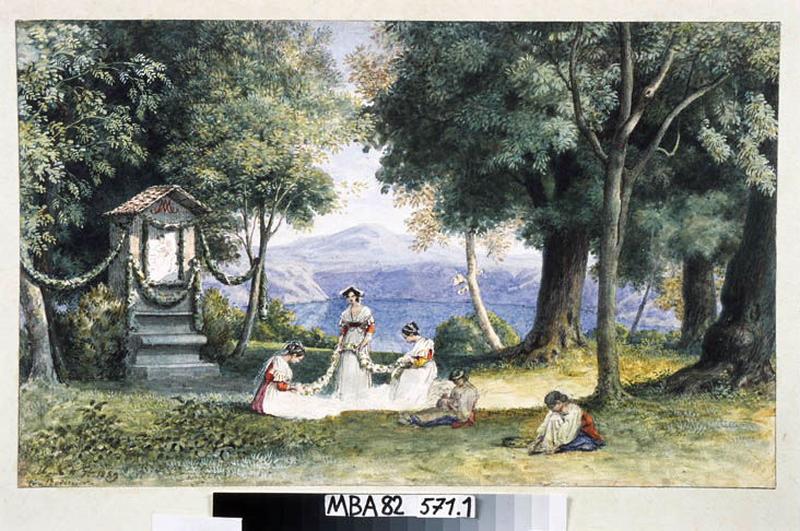 Femmes tressant des guirlandes de fleurs à Albano_1