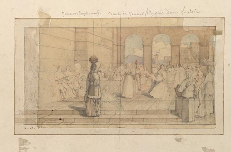 Etude pour jeunes femmes à la fontaine ; Joueurs d'instruments. Danse de jeunes filles près d'une fontaine (autre titre), Guillaume Bodinier, 19e siècle