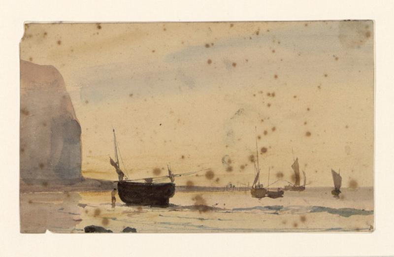 Quatre bateaux, un échoué et un gros rocher, Alexis Auguste Dumoulin-Darcy, 1852
