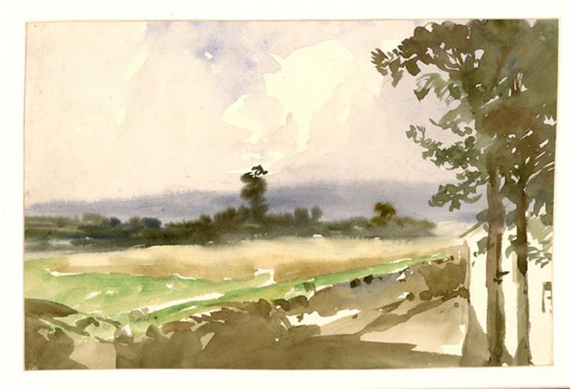 Paysage, maisons et arbres, Alexis Auguste Dumoulin-Darcy, 19e siècle
