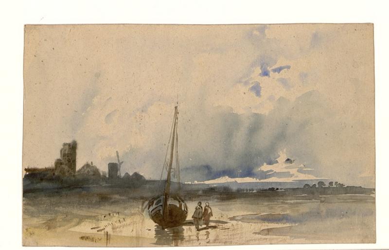 Bateaux avec personnages, moulins à vent (recto), Alexis Auguste Dumoulin-Darcy, 19e siècle