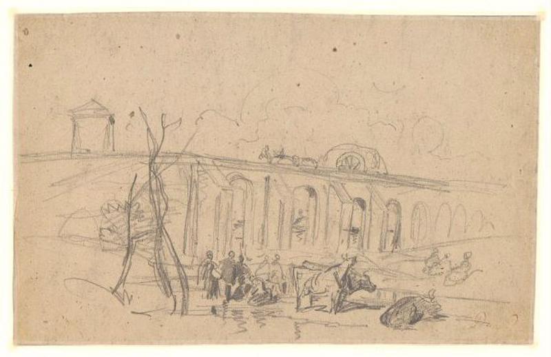 Petit viaduc avec charrette de foin, paysans, vaches et arbustes (verso), Alexis Auguste Dumoulin-Darcy, 19e siècle