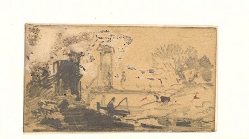 Petit paysage avec pont et pêcheur, Alexis Auguste Dumoulin-Darcy, 1852-1864