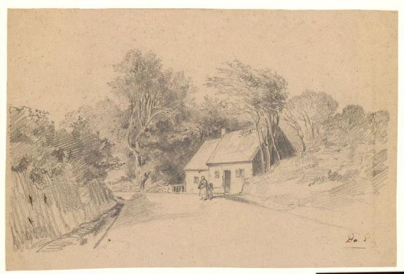 Paysage avec route, maison et personnages, Alexis Auguste Dumoulin-Darcy, 19e siècle
