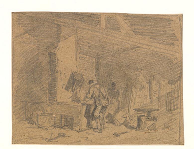 Deux silhouettes dans un atelier de forgeron, Alexis Auguste Dumoulin-Darcy, 1852-1864