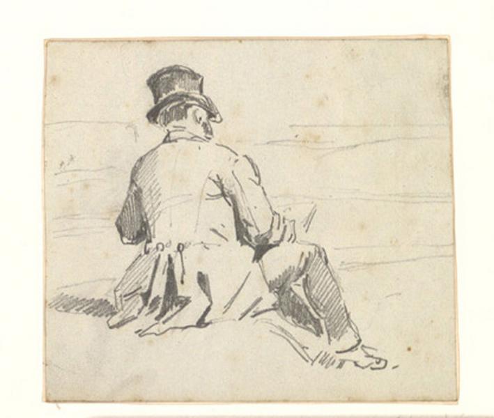 Homme assis en redingote et chapeau, dessinant, Alexis Auguste Dumoulin-Darcy, 1852-1864