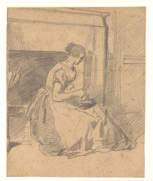 Jeune femme épluchant des légumes devant l'âtre, Alexis Auguste Dumoulin-Darcy, 1852-1864