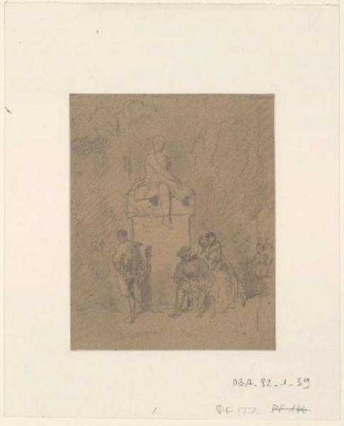 Six personnages autour d'une statue sur socle dans un jardin, Alexis Auguste Dumoulin-Darcy, 1852-1864