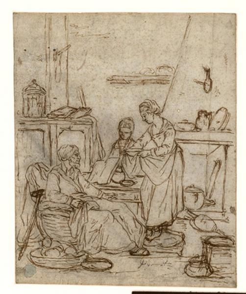 Intérieur breton avec vieillard assis, jeune femme et enfant, Alexis Auguste Dumoulin-Darcy, 19e siècle