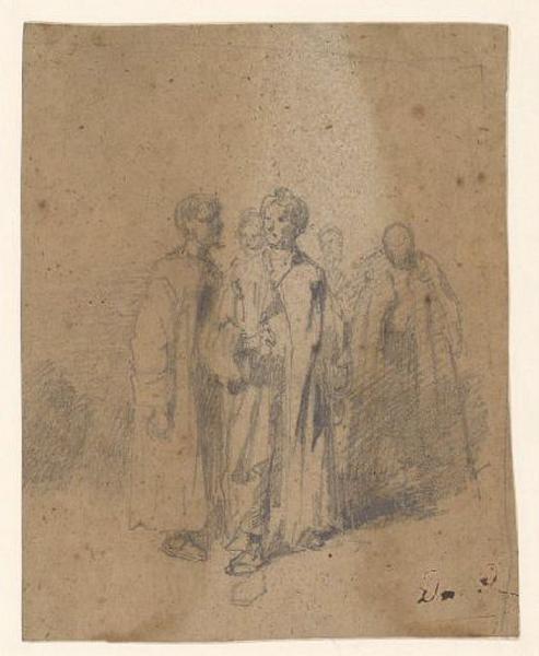 Groupe de femmes, une silhouette avec béquilles ; Homme debout (autre titre), Alexis Auguste Dumoulin-Darcy, 1852-1864
