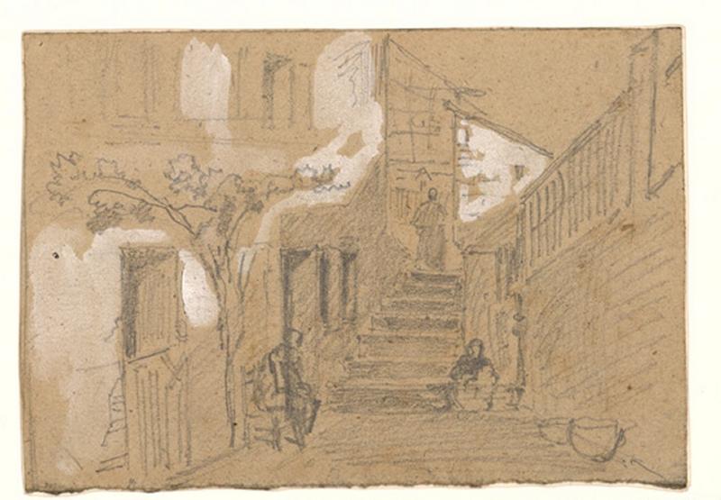 Ruelle et escalier, deux silhouettes, Alexis Auguste Dumoulin-Darcy, 1852-1864