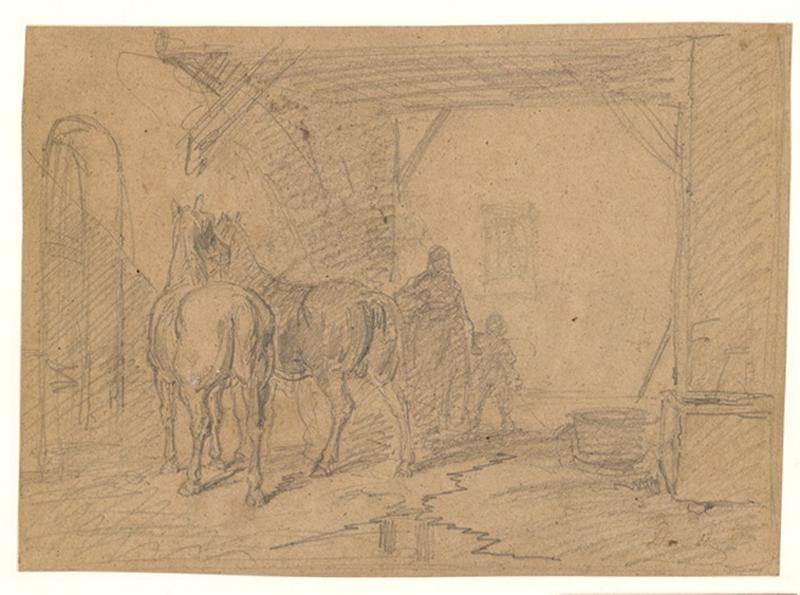Femme et enfant rendant visite aux chevaux, Alexis Auguste Dumoulin-Darcy, 1852-1864