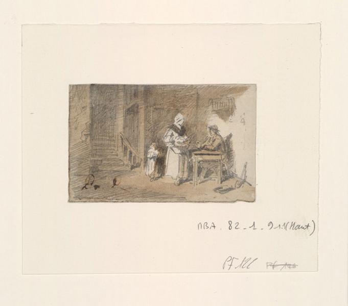 Breton assis servi par une femme suivie d'un enfant, Alexis Auguste Dumoulin-Darcy, 1852-1864