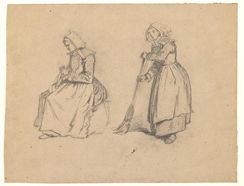 Bretonne tricotant et bretonne balayant, Alexis Auguste Dumoulin-Darcy, 1852-1864