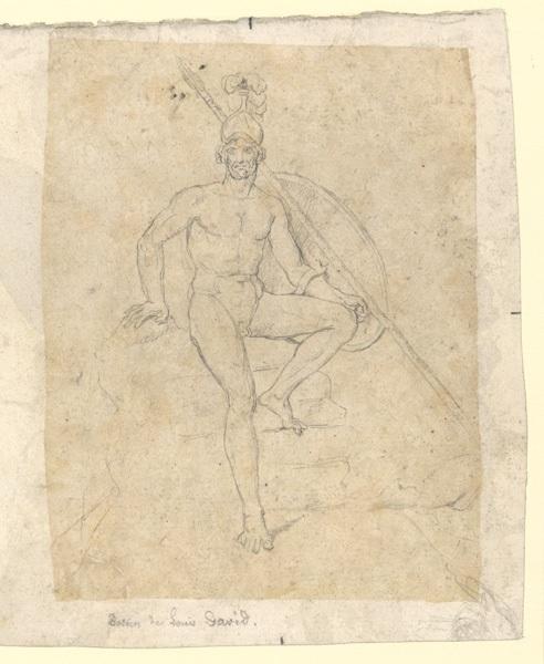 Etude pour Léonidas aux Thermopyles ; Un guerrier, Léonidas aux Thermopyles ; Guerrier grec assis, vu de face, tenant un bouclier, sa pique posée contre sa main gauche_0