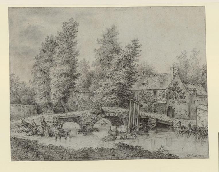 Paysage avec un pont, des lavandières et des pêcheurs, Jean-Baptiste Huet, 18e siècle