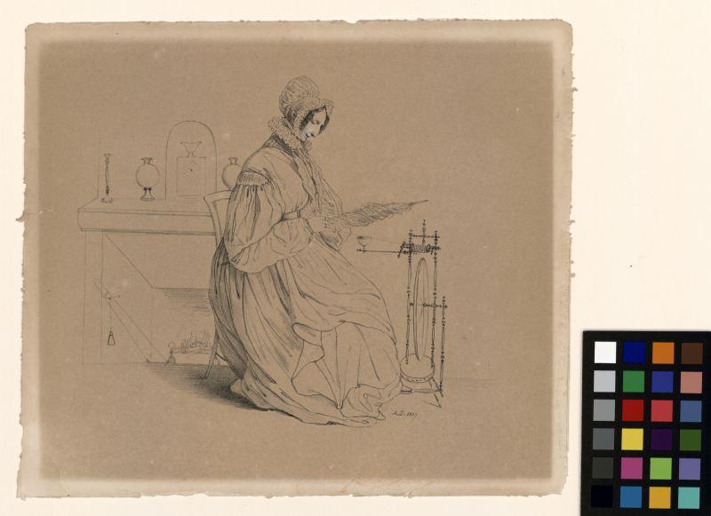 Portrait de Marie-Ursule Lesourd-Delisle assise à son rouet., Augustine Girault, 1837