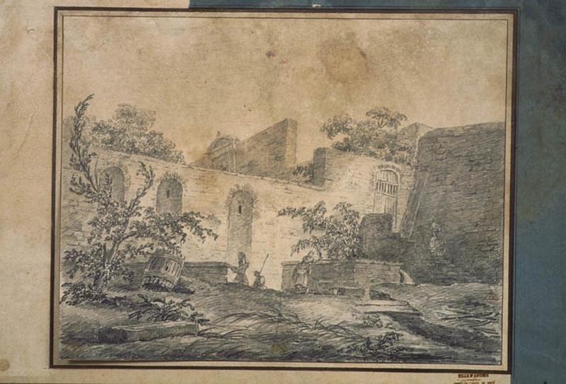 Personnages devant l'enceinte d'une villa ; Paysage. Ruines. Monuments (autre titre) ; Femme près d'une fontaine devant un mur (Italie) (autre titre)_1