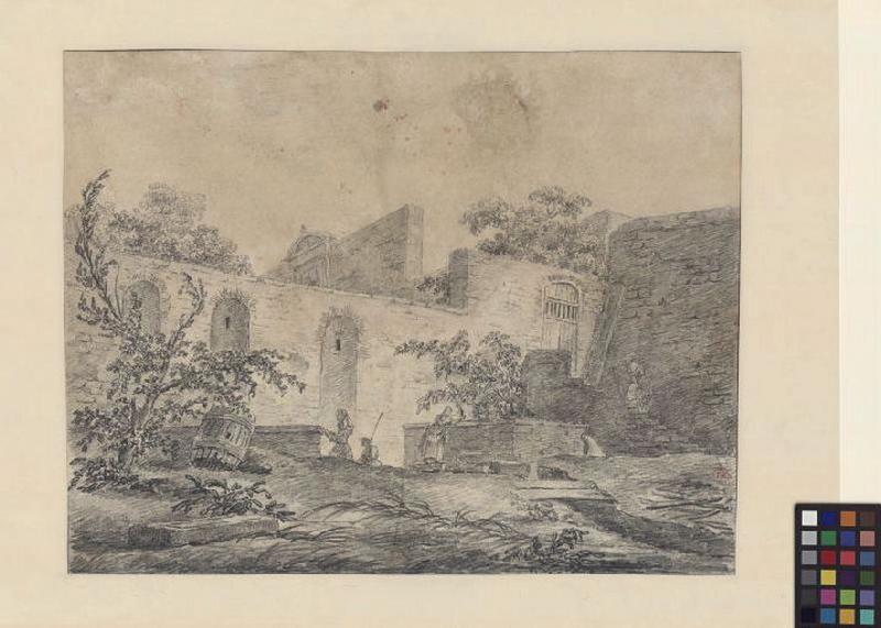 Personnages devant l'enceinte d'une villa ; Paysage. Ruines. Monuments (autre titre) ; Femme près d'une fontaine devant un mur (Italie) (autre titre)_0