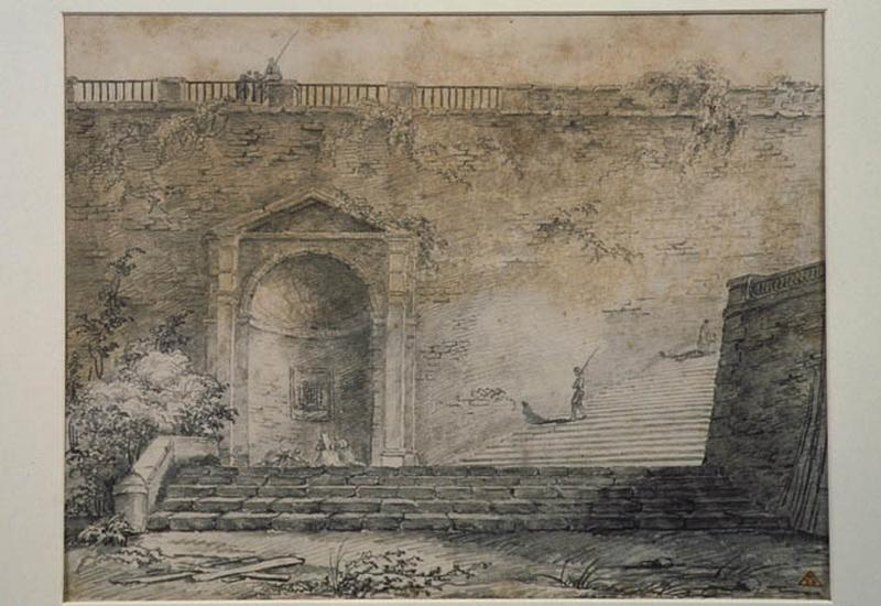 Fontaine dans une niche au bas d'un escalier ; Paysage. Ruines. Monuments_0