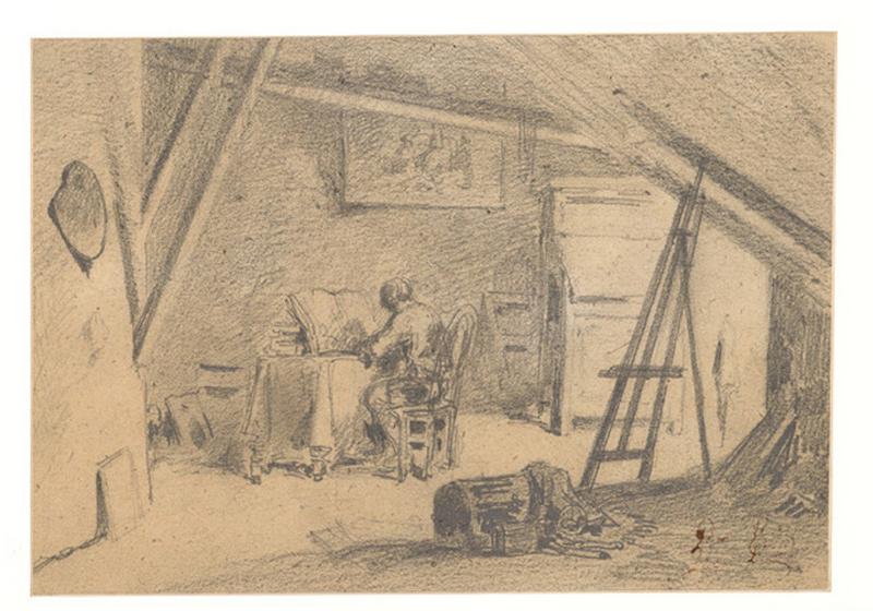 Peintre écrivant ou dessinant dans son atelier, Alexis Auguste Dumoulin-Darcy, 1852-1864