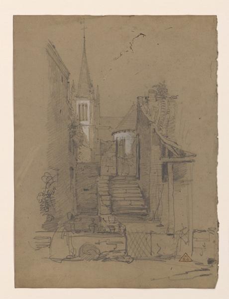 Une cour près d'une église avec escalier, Eugène Brunclair, 19e siècle
