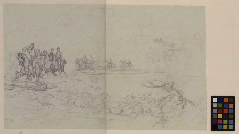 Chasse à courre, meute avec chiens, Thomas François Drake, 19e siècle