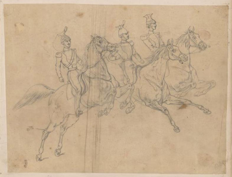 Trois cavaliers militaires casqués à cheval, Thomas François Drake, 19e siècle