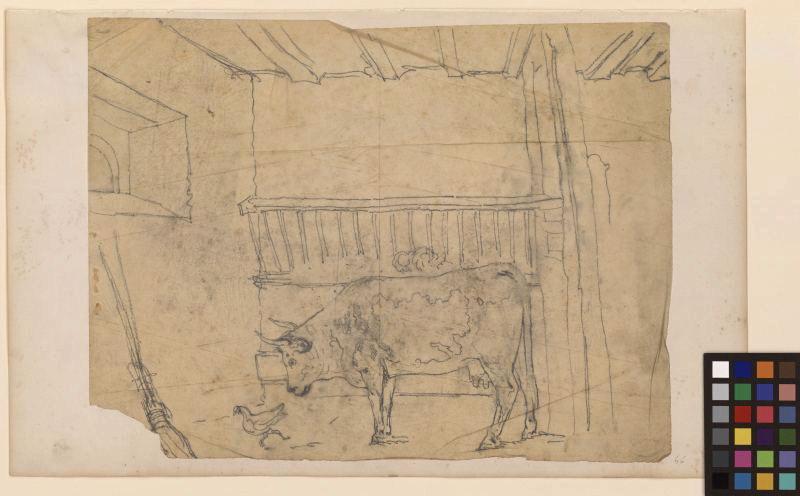 Vache dans une étable, poule, Thomas François Drake, 19e siècle