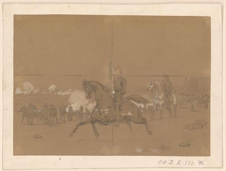Champ de bataille, deux cavaliers, Thomas François Drake, 19e siècle