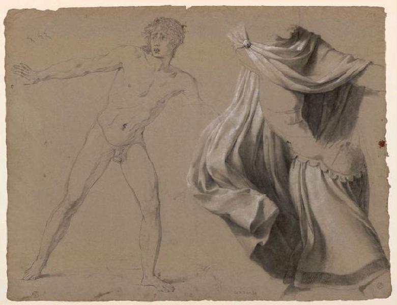 Etudes pour la figure nue d'Egisthe, pour son manteau et sa tunique ; Figure nue d'Egisthe. Manteau et tunique d'Egisthe (Catalogue des ventes 1873, n° 154) ; Jeune homme nu s'enfuyant et draperies (recto) ; Femme et draperie (verso), Pierre Narcisse Guerin, 1817
