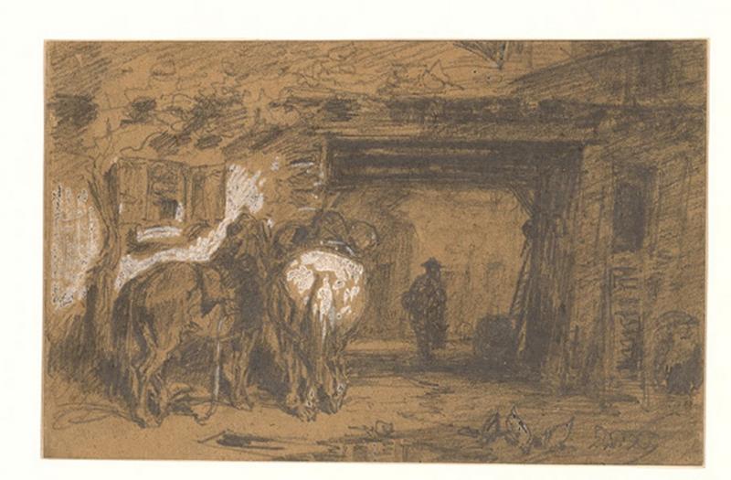 Cour de ferme, avec poules et chevaux, Alexis Auguste Dumoulin-Darcy, 19e siècle