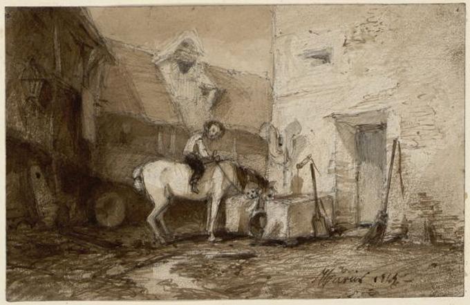 Cavalier dans une cour de ferme, Louis Adolphe Hervier, 1843