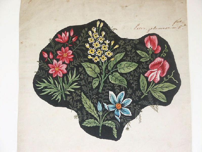 Modèle pour indienne : Motifs floraux sur fond noir, Peter, 1797