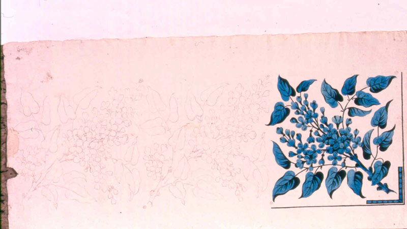 Modèle pour indienne : Motifs floraux en bleu et noir, Peter, 4e quart 18e siècle