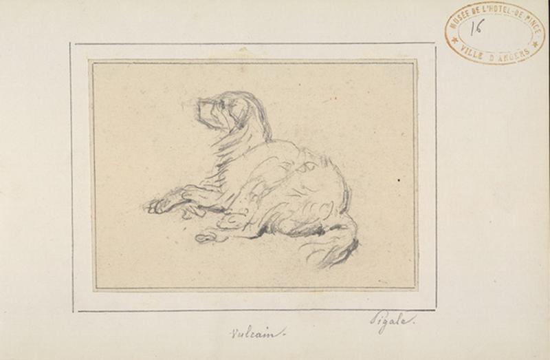 Chien couché ; paysage avec trois personnages, 19e siècle