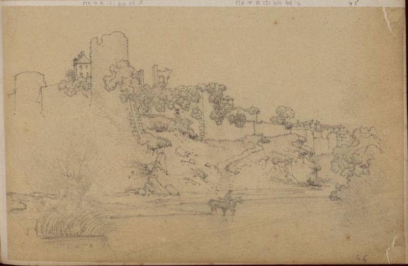 Paysage avec ruine sur une colline, Thomas François Drake, 19e siècle