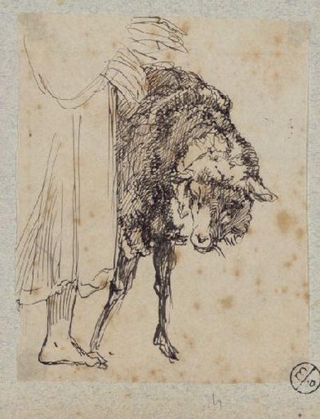 Mouton passant derrière un personnage, Alexandre Solde, 19e siècle