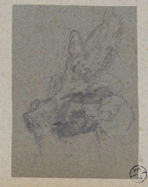 Tête de sanglier attaqué par deux chiens, Alexandre Solde, 19e siècle