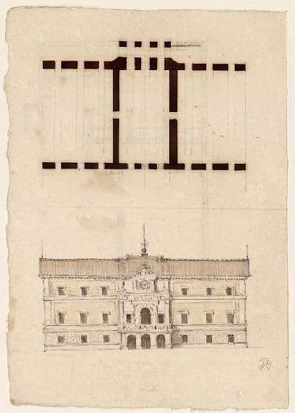 Façade d'un palais romain ; Plan au sol d'un palais romain (verso) ; Plan de l'étage d'un palais romain (verso), Guillaume Bodinier, 19e siècle