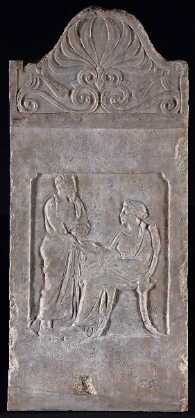 Stèle funéraire à anthémion à la scène de dexiôsis ((couronnement de palmettes)), 375 av JC,350 av JC