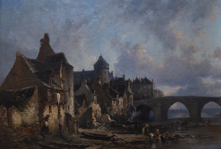 Rive droite de la Mayenne, vue vers le Vieux-Pont et le château ; Laval : rive de la Mayenne avant le quai du Val de Mayenne (Autre titre) ; Vieux-Pont et rive gauche de la Mayenne (Autre titre), Jean-Baptiste Messager, 1840 - 1860 (Entre - et)
