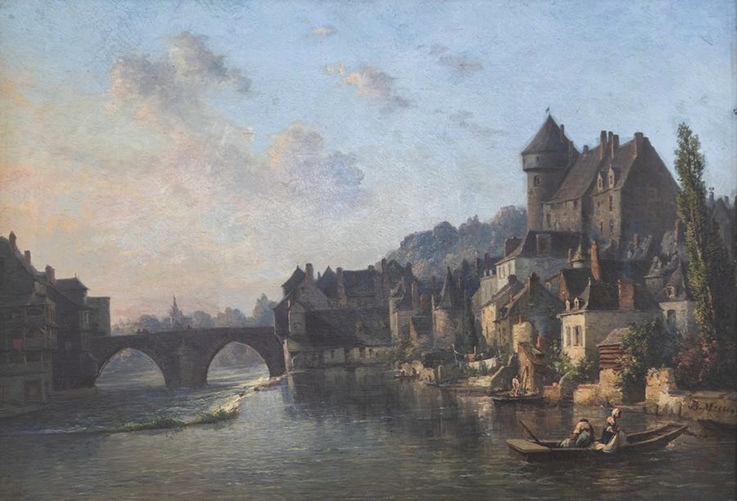 Rive droite de la Mayenne : le château et le Vieux-Pont (Titre) ; Vieux-Pont et le château (Ancien titre), Jean-Baptiste Messager, 1840 - 1860 (Entre - et)