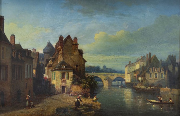 Ancienne rue de Rivière à Laval (Titre) ; Personnages près du Vieux-Pont au bas de la rue de Rivière (Autre titre), Jean-Baptiste Messager, 1840 - 1860 (Entre - et)