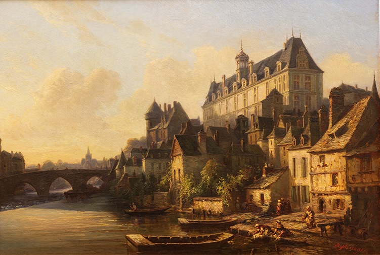 Le Palais de justice, le Vieux-Château et le Vieux-Pont à Laval ; Laval : laveuses sur la rive droite au bas du Palais de Justice (Autre titre) — Jean-Baptiste Messager