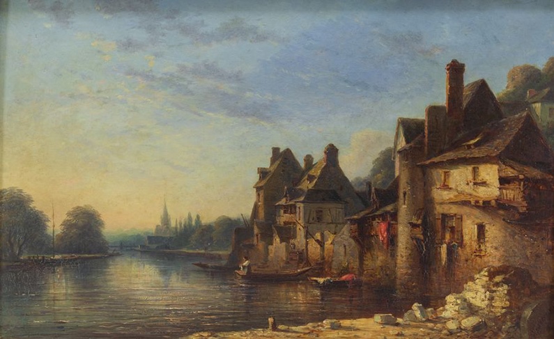 Rive droite de la Mayenne à Laval, vue prise du Pont-Vieux vers le sud (Titre) ; Laval : rive droite de la Mayenne et vue d'Avesnières (Autre titre), Jean-Baptiste Messager, 1863
