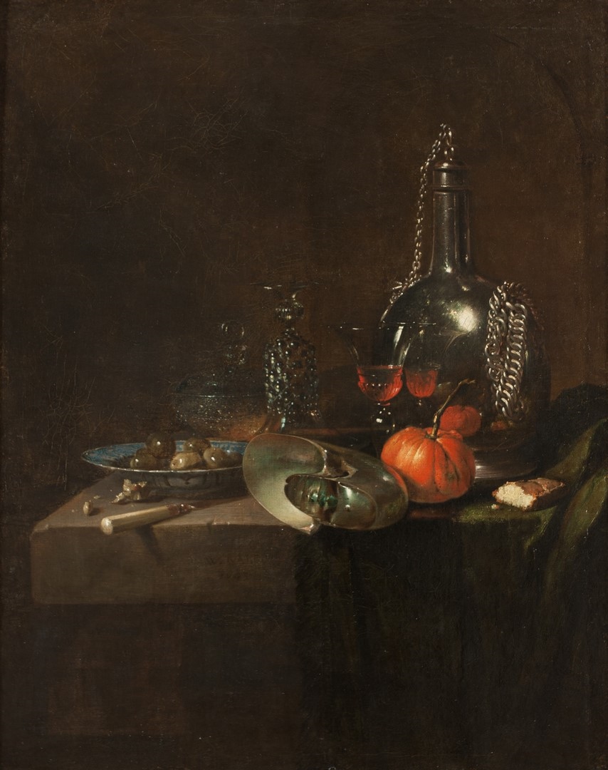Nature morte au nautile et à la bouteille de pèlerin ; Nature morte avec vases et fruits sur une table, Willem Kalf, 1643
