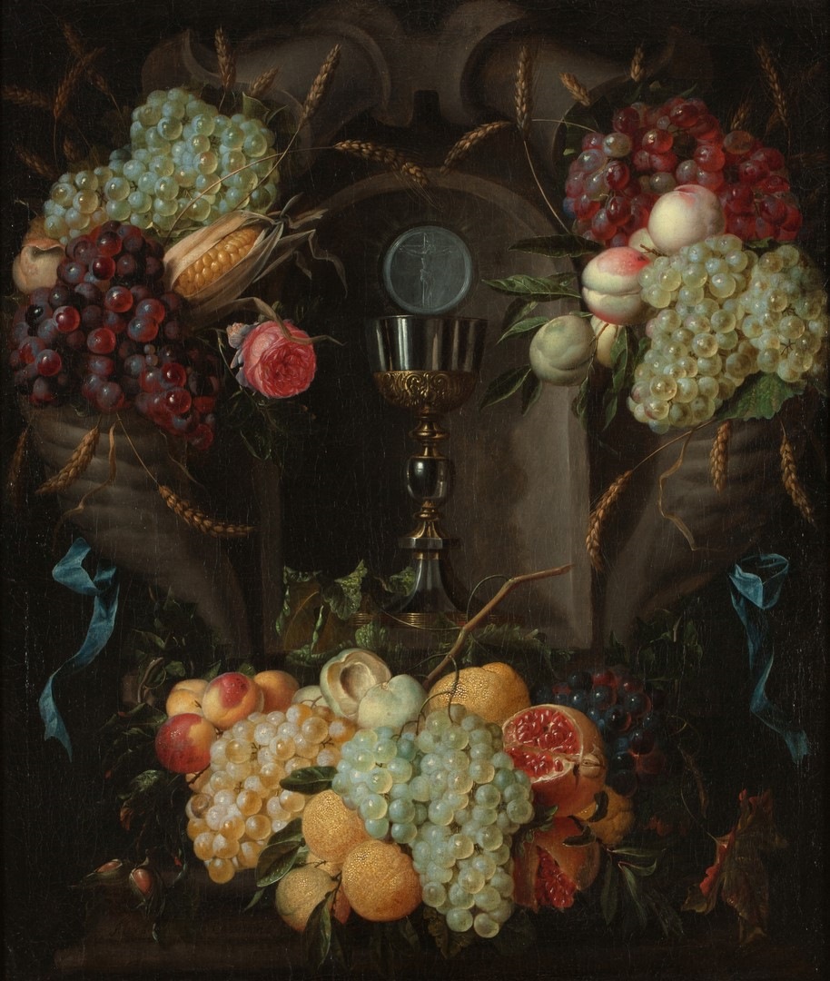 Allégorie de l'Eucharistie ; Nature morte, fruits et calice ; Fruits autour d'un calice ; Groupe de fruits divers ; Trois groupes de raisins, d'oranges, pêches et grenades, d'épis de blé et de maïs ; au milieu, un calice surmonté de la Sainte Hostie, Alexander Coosemans, 1650-1660