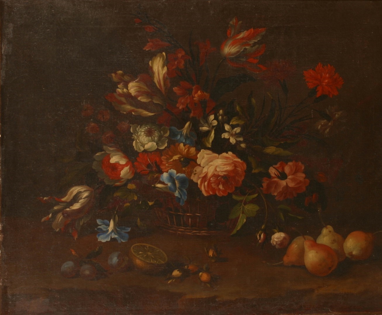 Corbeille de fleurs avec des prunes et des poires, Nicolas Baudesson, 17e siècle